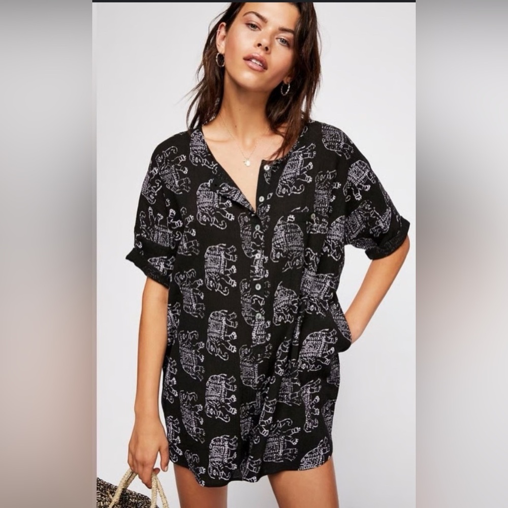 Free People Black and White Elephant Print Romper